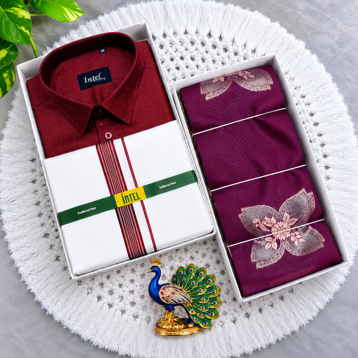 Premium Wine Maroon Men's Shirt, Dhoti & Zari Saree Couple Combo - CC024
