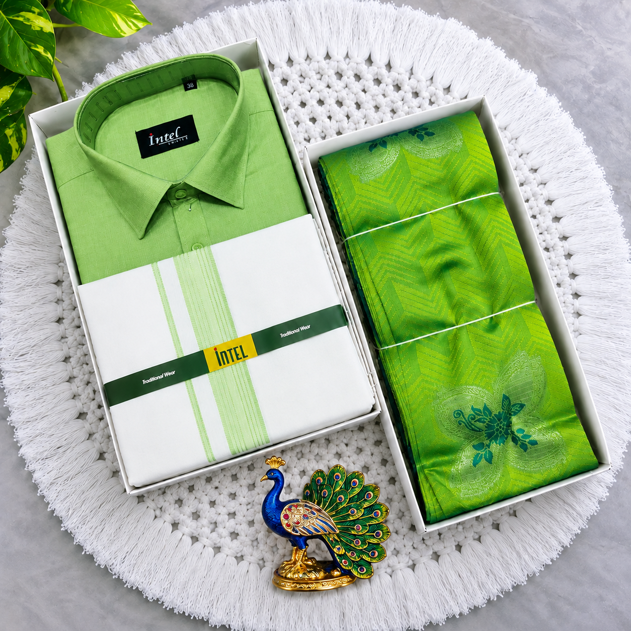 Premium Pista Green Men's Shirt, Dhoti & Zari Saree Couple Combo - CC024