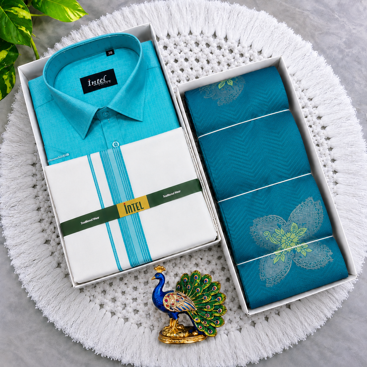 Premium Turquoise Men's Shirt, Dhoti & Zari Saree Couple Combo - CC024