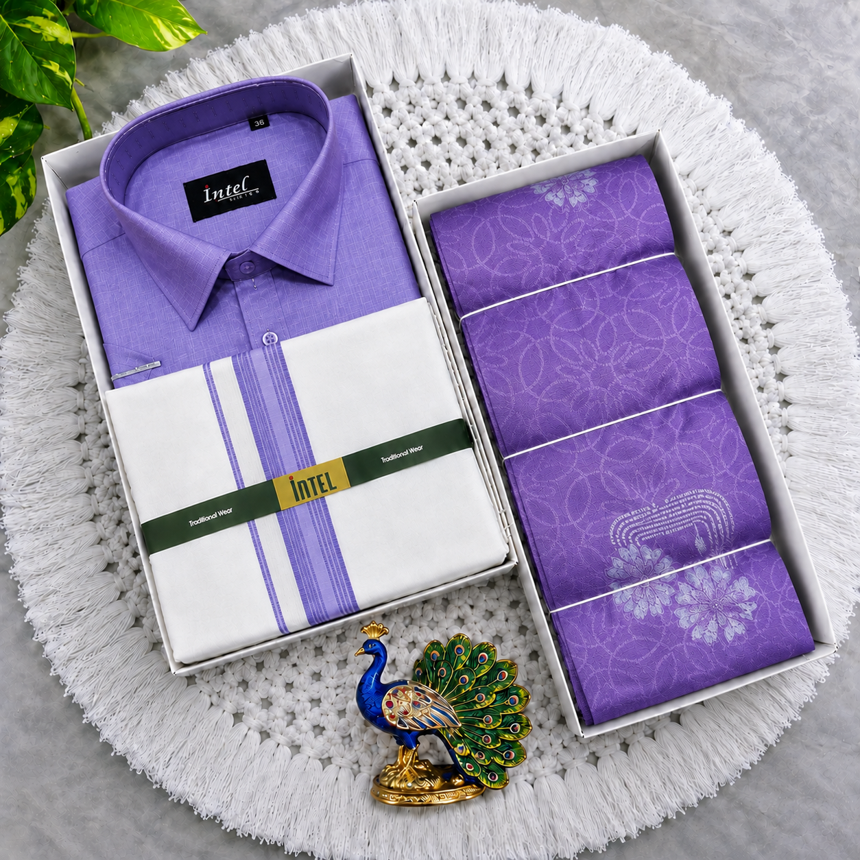 Premium Lavender Men's Shirt, Dhoti & Zari Saree Couple Combo - CC024