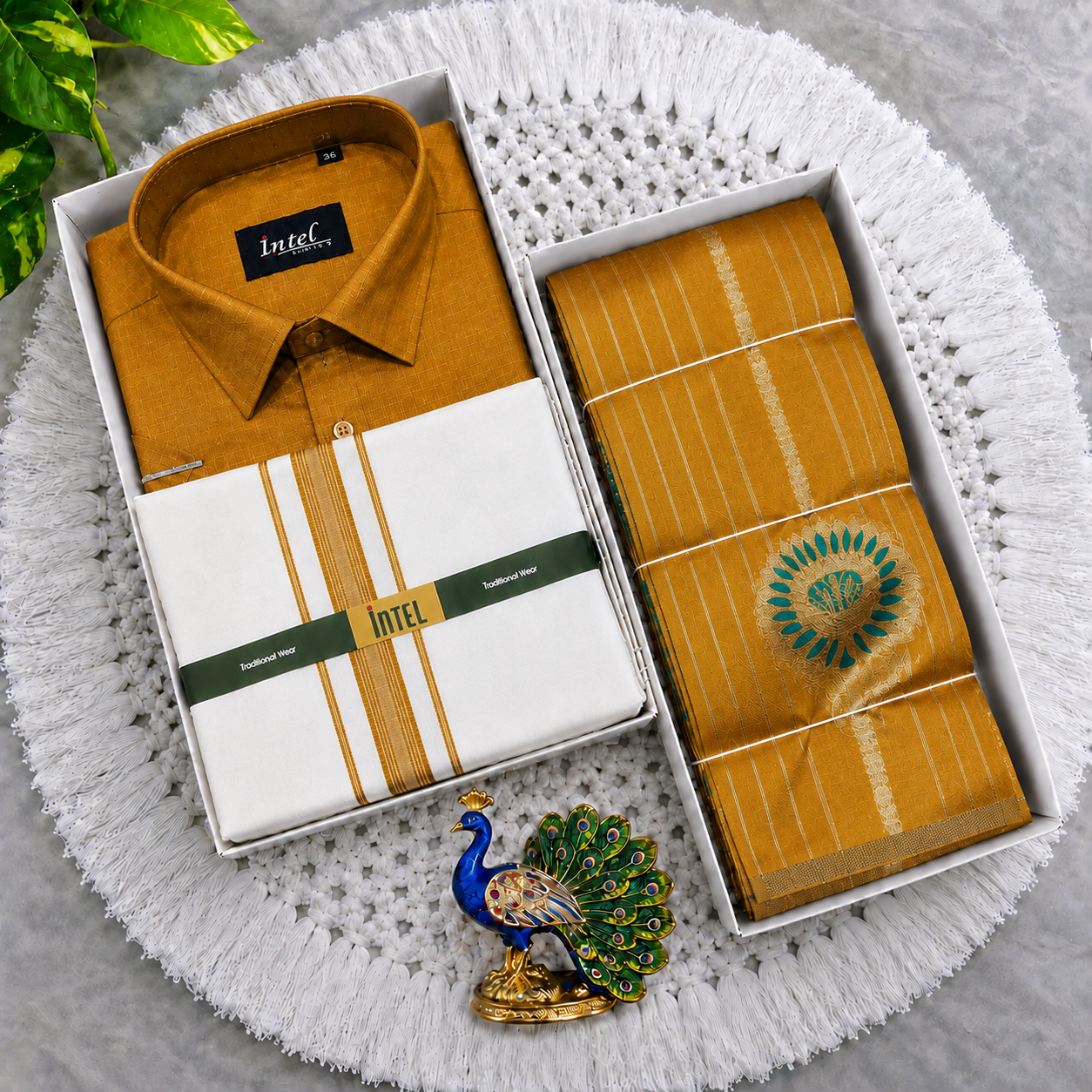 Premium Mustard Gold Men's Shirt, Dhoti & Zari Saree Couple Combo - CC024