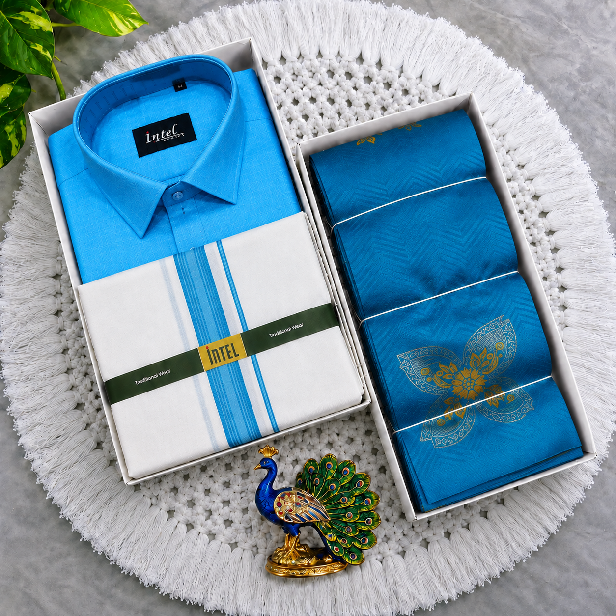 Premium Sky Blue Men's Shirt, Dhoti & Zari Saree Couple Combo - CC024