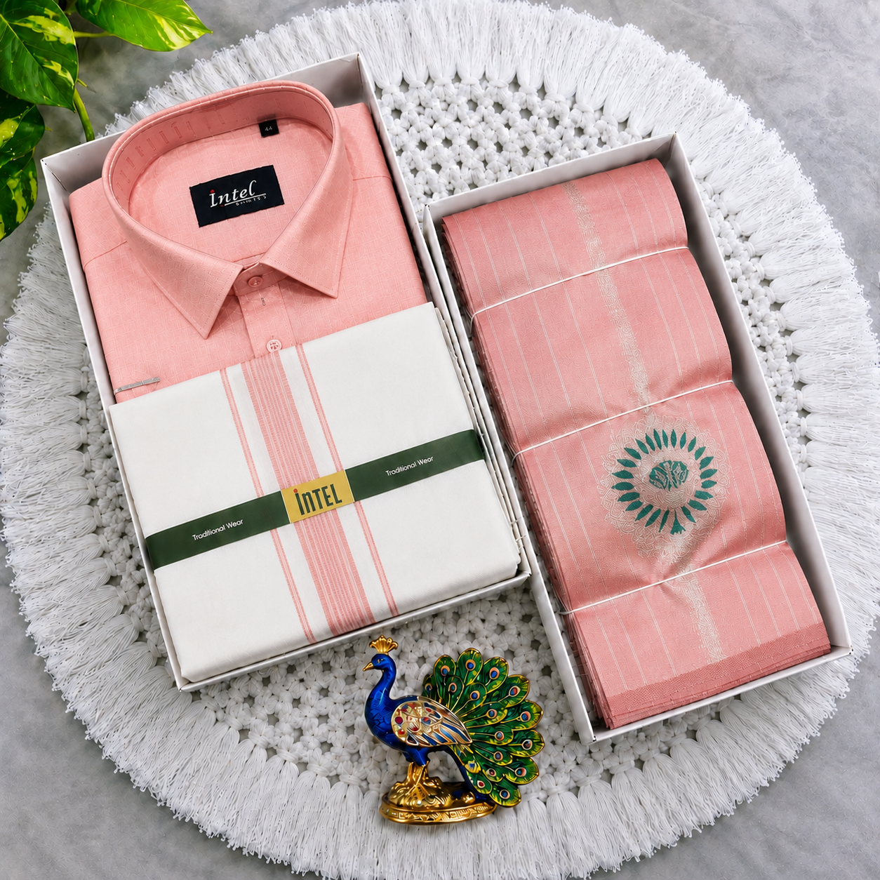 Premium Peach Men's Shirt, Dhoti & Zari Saree Couple Combo - CC024