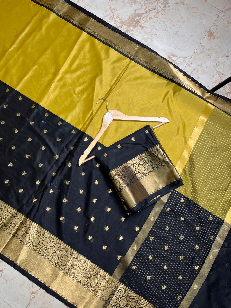 Premium Banarasi Black and Yellow Semi Katan Soft Silk Saree