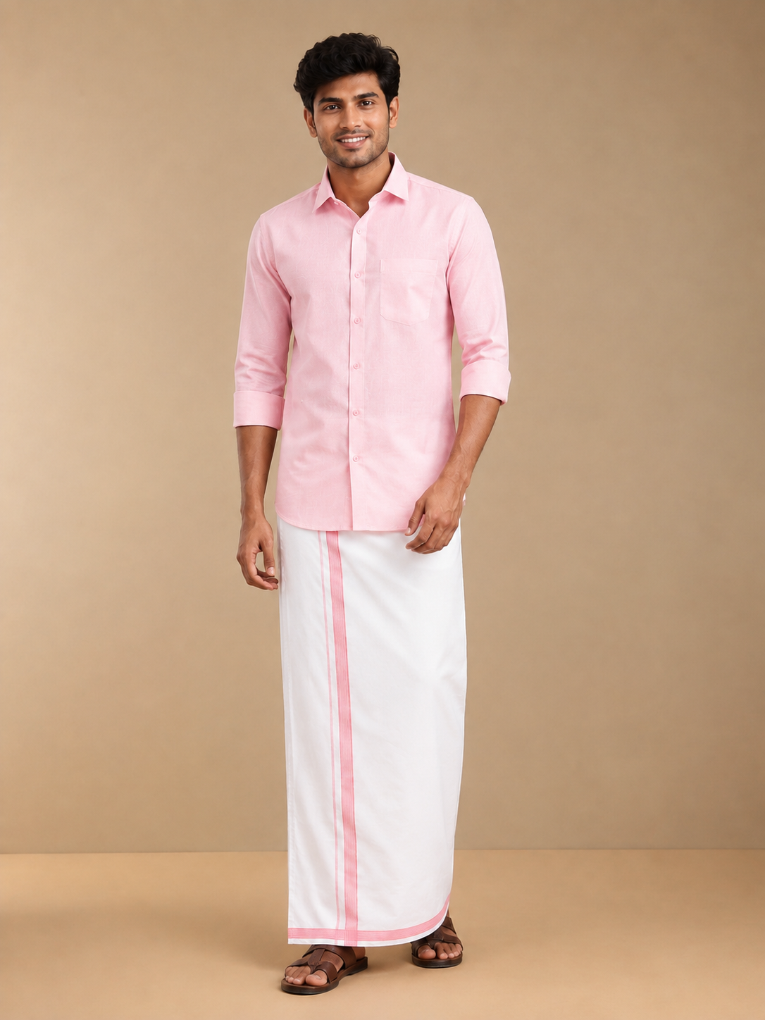 Men's Baby Pink Cotton Dhoti with Matching Colour Shirt Set - MMS028