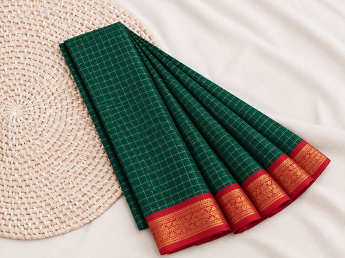 Elegant Bottle Green Mangalagiri Checks Cotton Saree with Zari Border - MG043