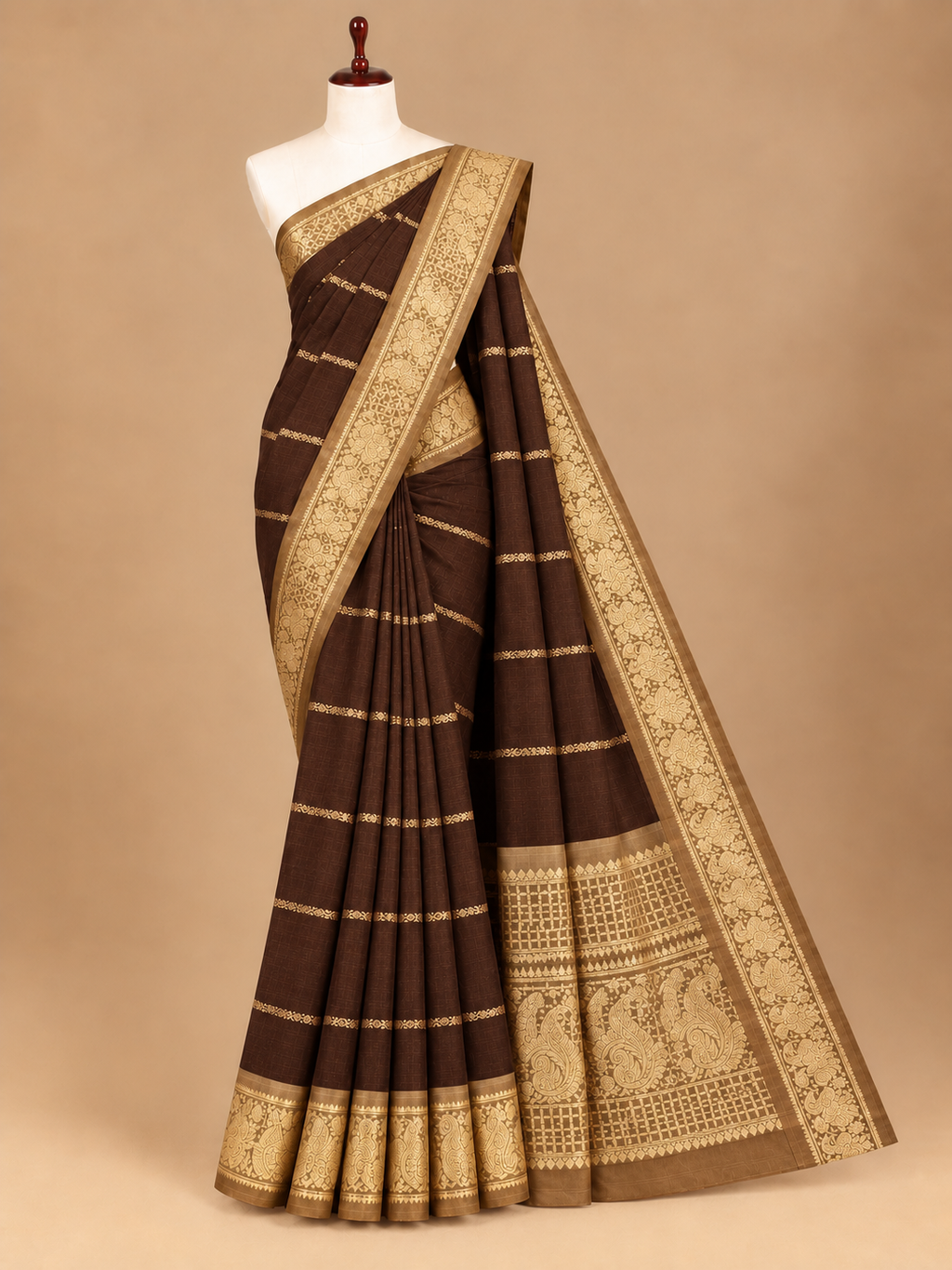 Elegant Coffee Brown Stripe with Velthari Pattern Sungudi Cotton Saree - SC065
