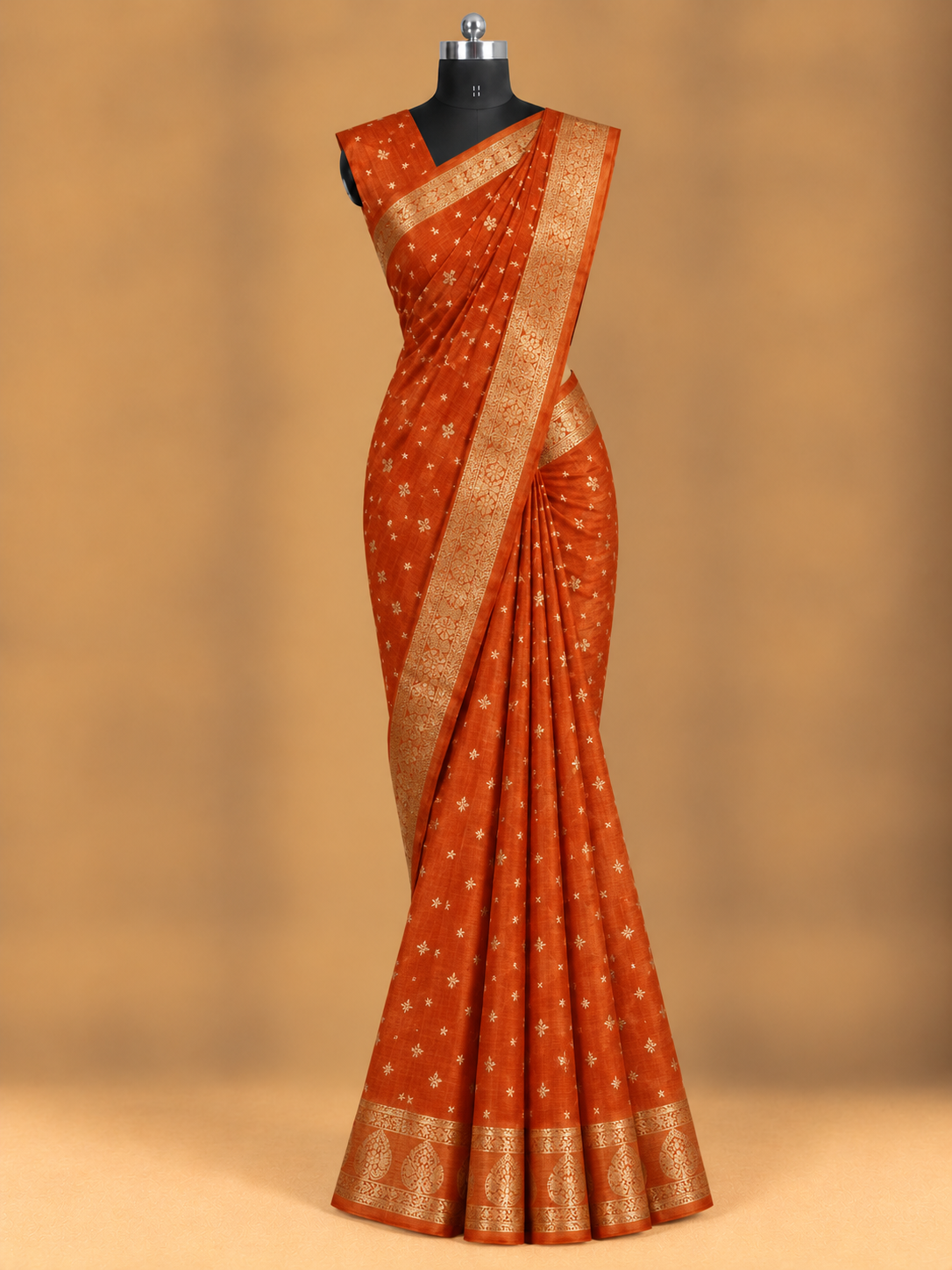 Elegante rostorange Retta Betta Khadi-Viskose-Sari mit Zari-Borte - SW074