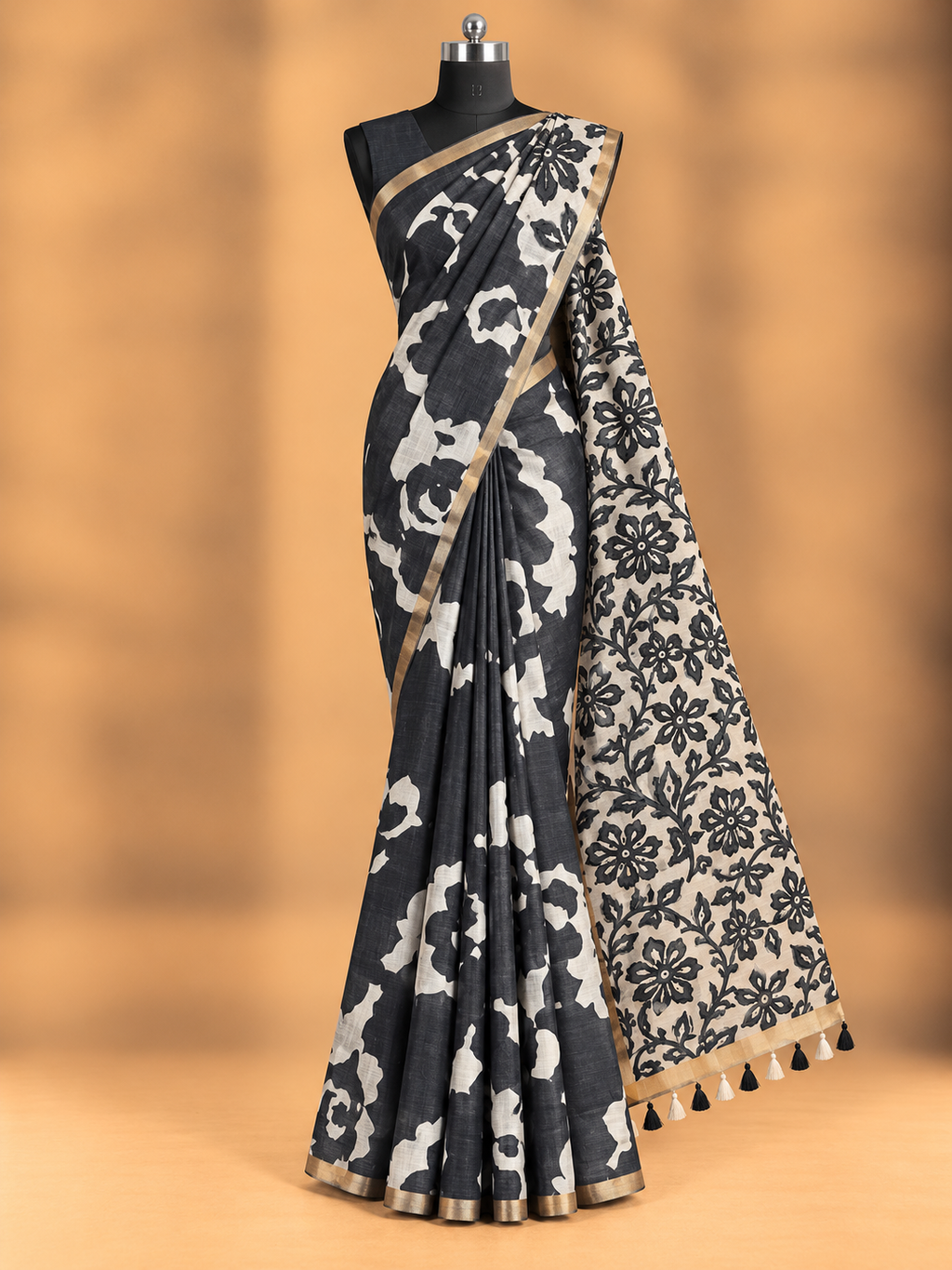 Premium linen metallic cotton saree featuring an intricate geometric medallion pattern.