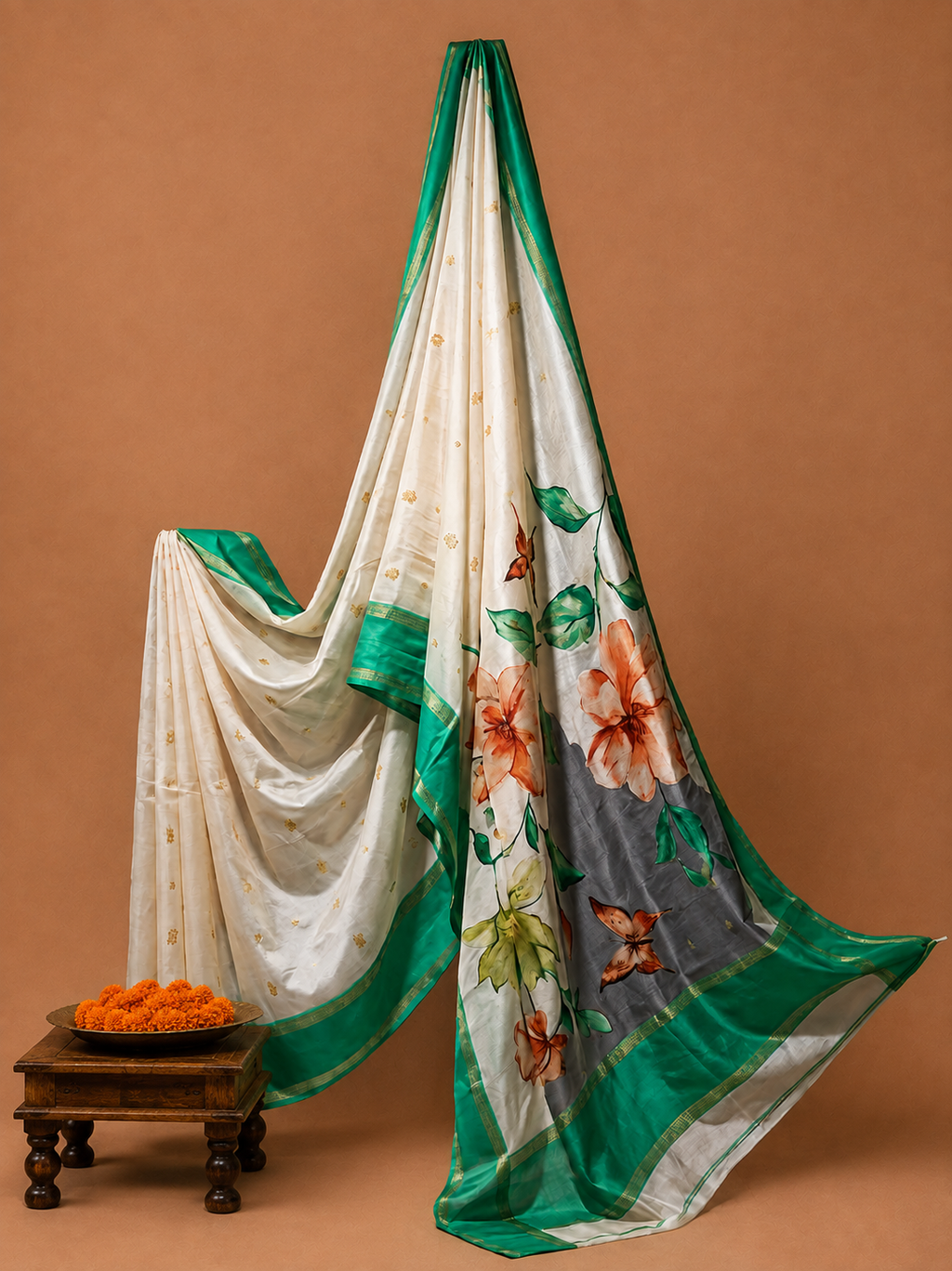 Elegant Ivory & Green Imperial Flora Print Fancy Organza Saree - FLORA035