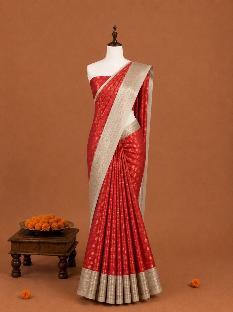 Premium Red Rich Antique Soft Silk Saree with Gold Zari - RS037