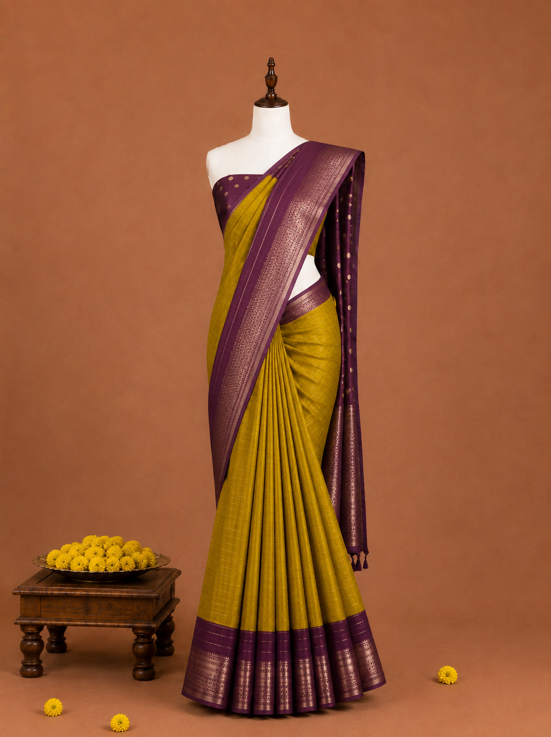 Premium Mustard Yellow Checks Radiance Dola Silk Saree with Golden Zari - DS038
