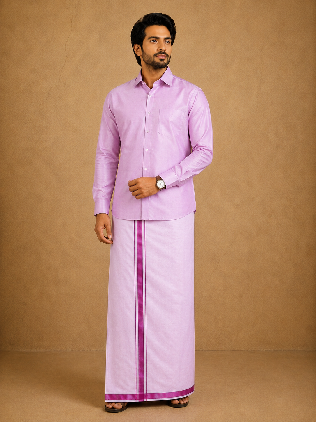 Premium Men's Baby Pink Tissue Dhoti with Matching Shirt Set - TDS026