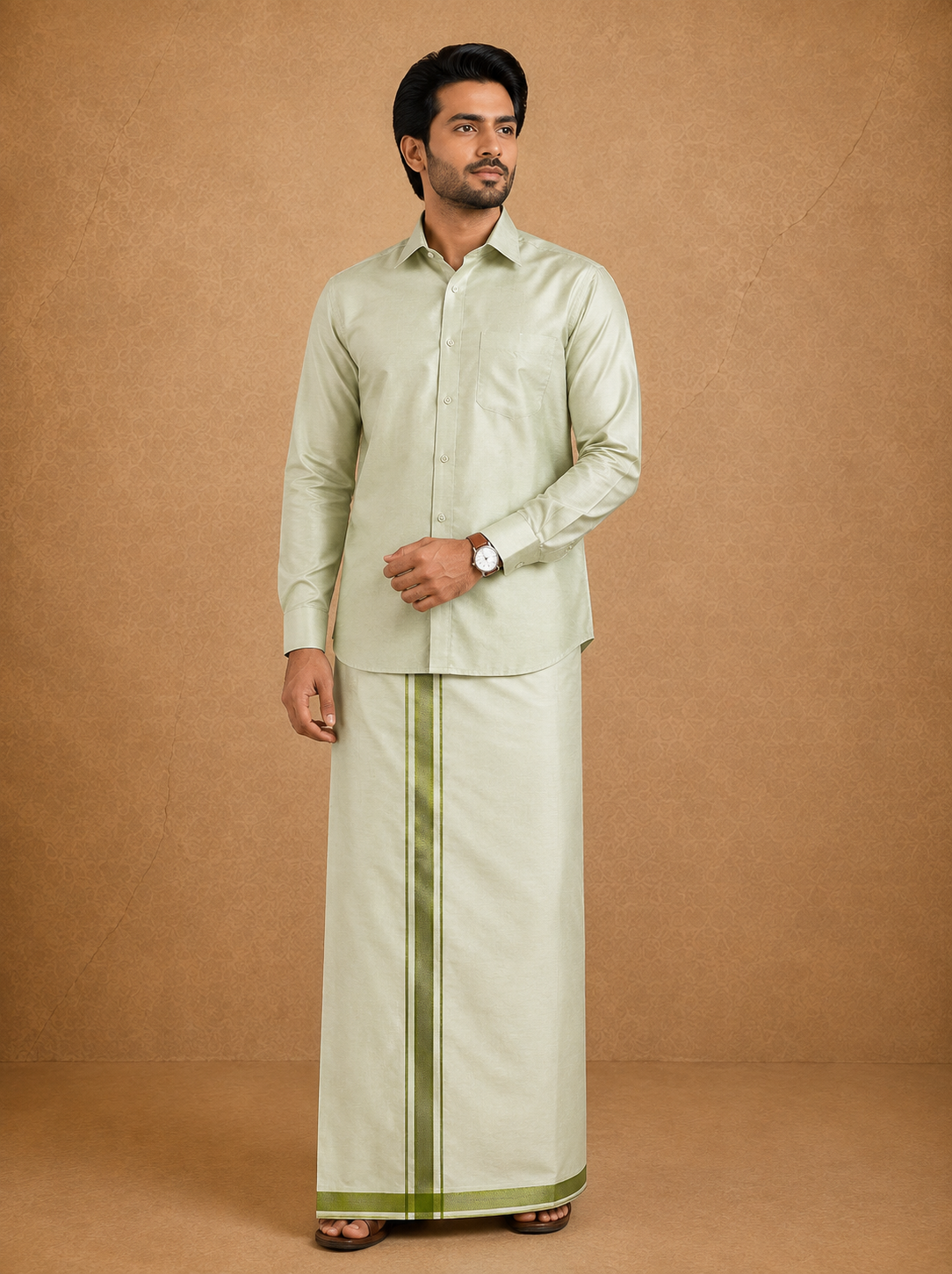Premium Men's Sage Green Tissue Dhoti with Matching Shirt Set - TDS026