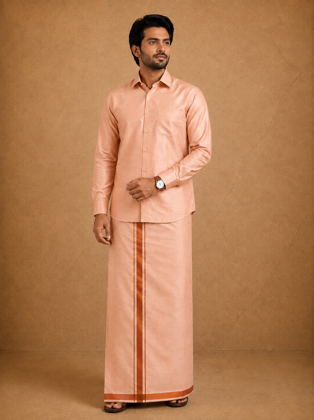 Premium Men's Copper Tissue Dhoti with Matching Shirt Set - TDS026