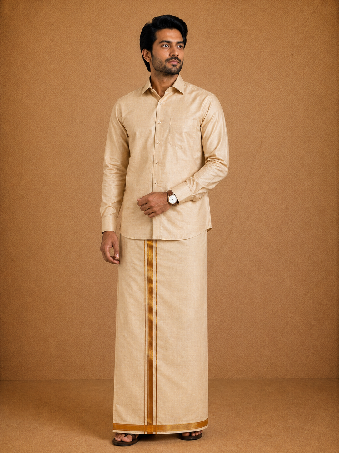 Premium Men's Gold Tissue Dhoti with Matching Shirt Set - TDS026