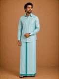 Premium Men's Sea Blue Tissue Dhoti with Matching Shirt Set - TDS026
