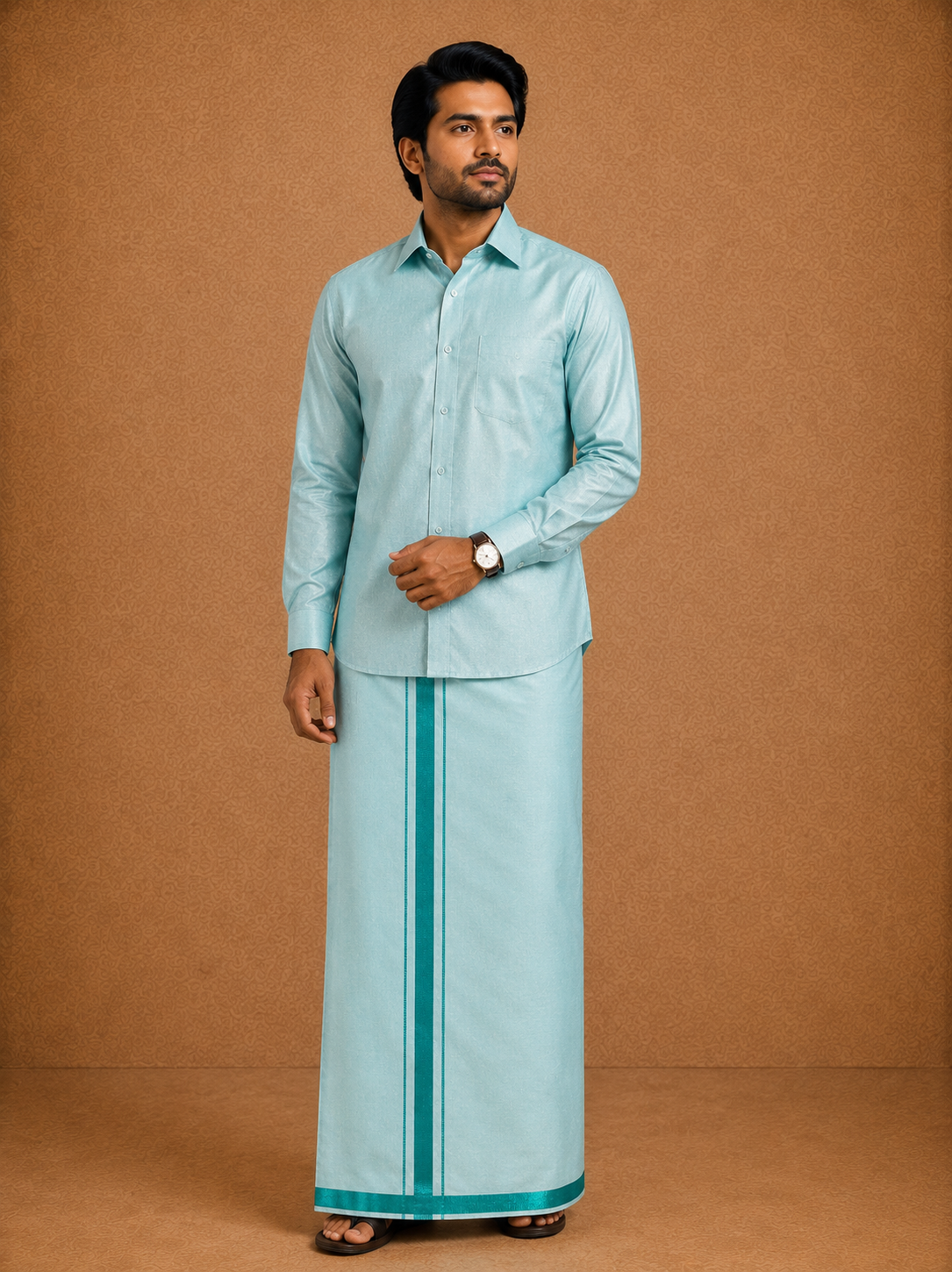 Premium Men's Sea Blue Tissue Dhoti with Matching Shirt Set - TDS026