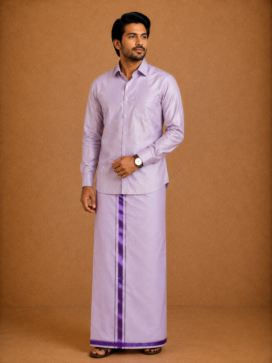 Premium Men's Lavender Tissue Dhoti with Matching Shirt Set - TDS026