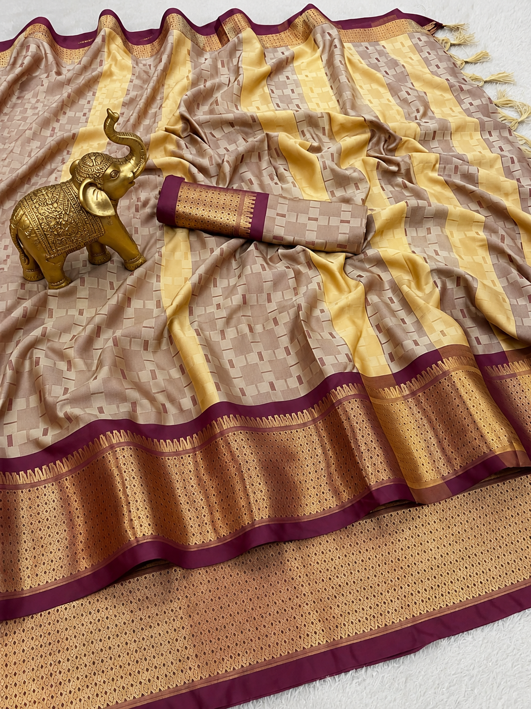 Premium Beige Meenakari Checks Weave Art Silk Saree - SS023