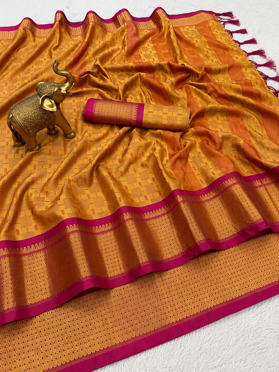 Premium Golden Mustard Meenakari Checks Weave Art Silk Saree - SS023