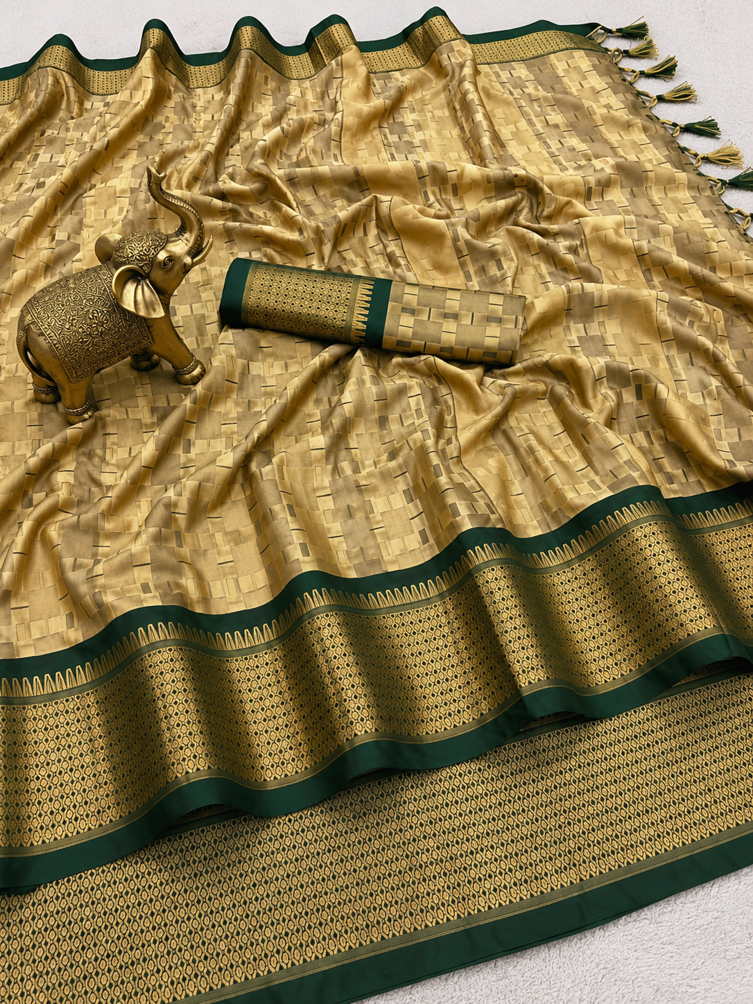 Premium Golden Beige Meenakari Checks Weave Art Silk Saree - SS023