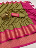 Premium Olive Green Meenakari Checks Weave Art Silk Saree - SS023