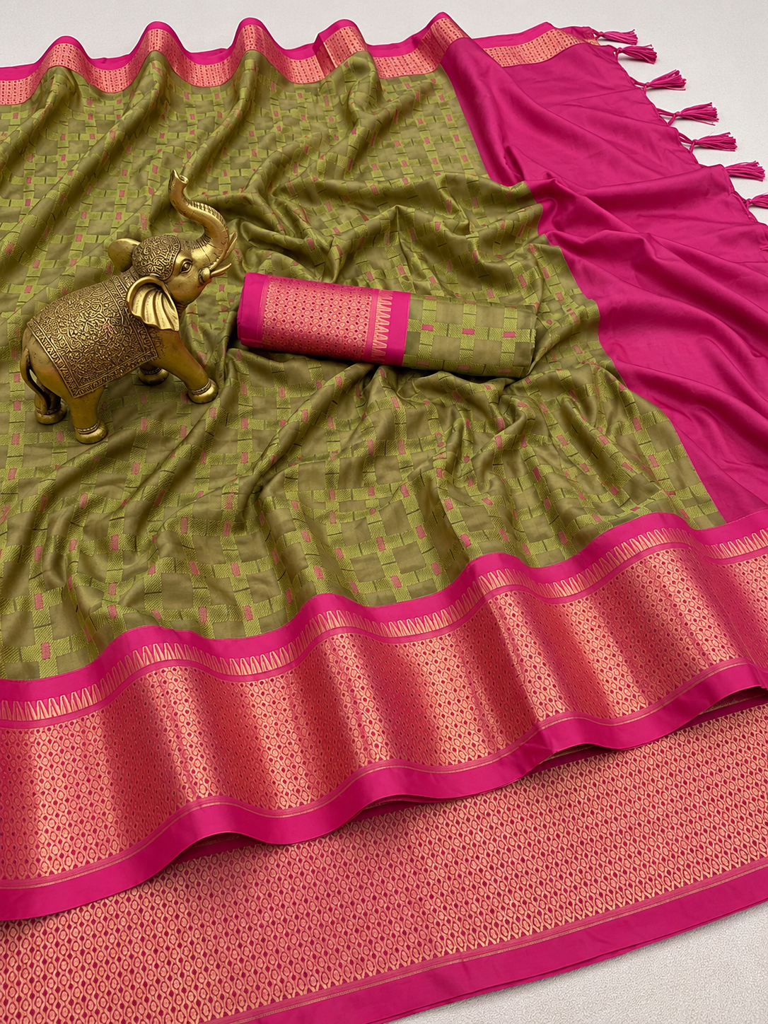 Premium Olive Green Meenakari Checks Weave Art Silk Saree - SS023