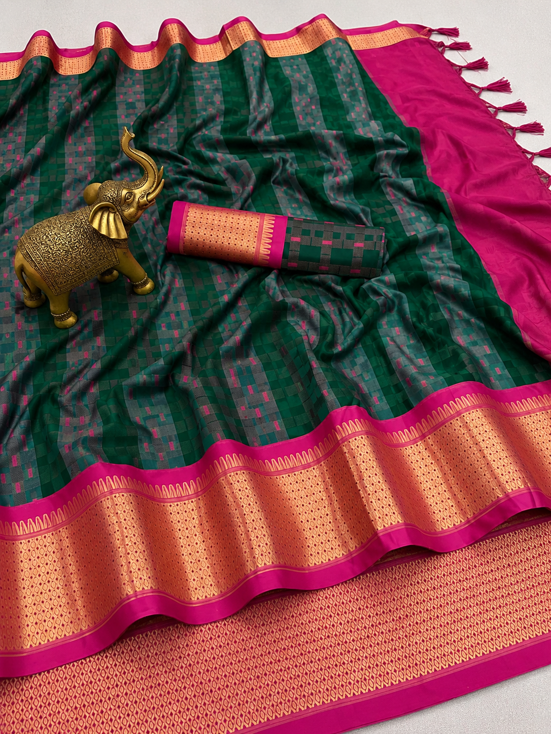 Premium Bottle Green Meenakari Checks Weave Art Silk Saree - SS023