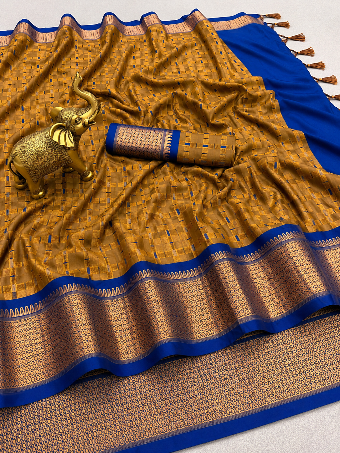 Premium Mustard Olive Meenakari Checks Weave Art Silk Saree - SS023