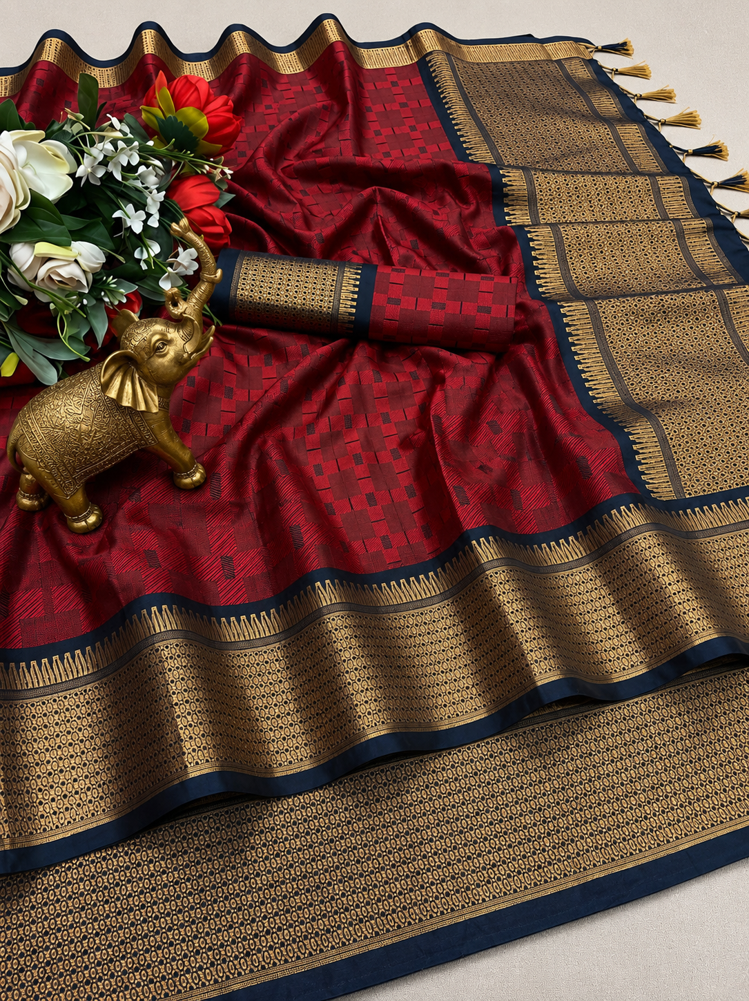 Premium Maroon Red Meenakari Checks Weave Art Silk Saree - SS023