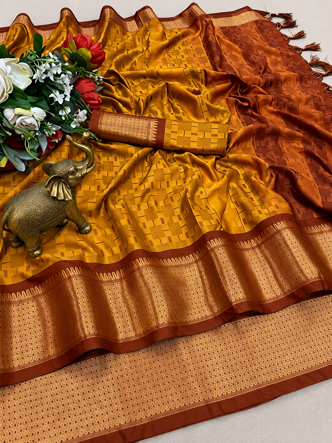 Premium Mustard Rust Meenakari Checks Weave Art Silk Saree - SS023