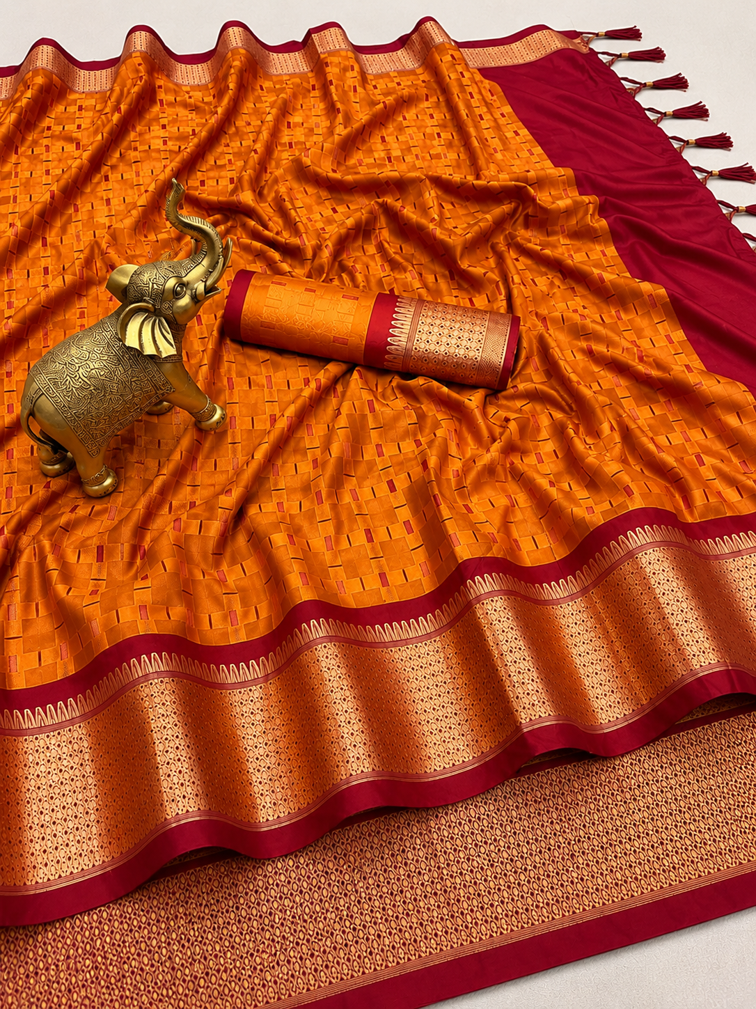 Premium Orange Meenakari Checks Weave Art Silk Saree - SS023