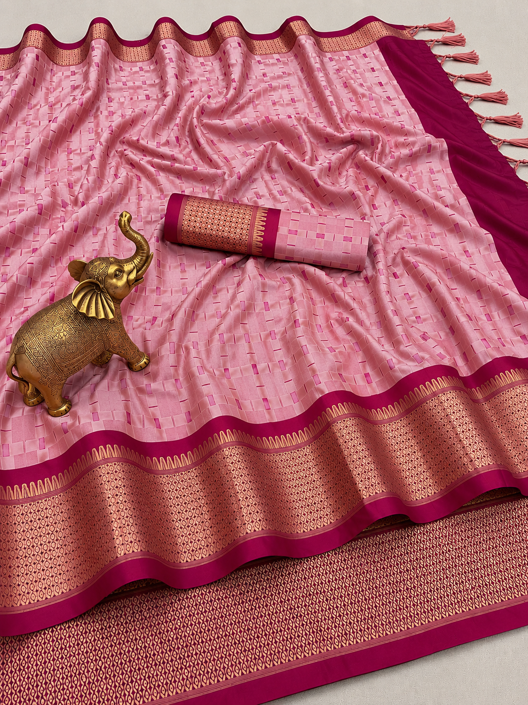 Premium Dusty Pink Meenakari Checks Weave Art Silk Saree - SS023