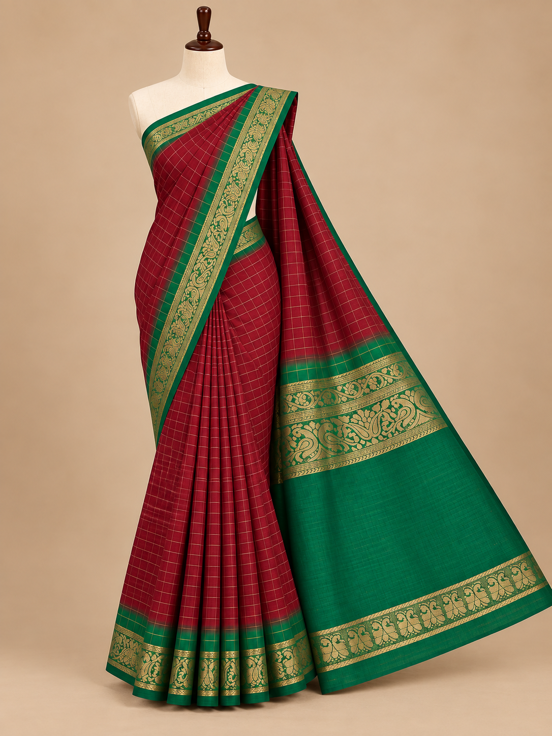 Elegant Maroon Small Checks Fancy Mysore Silk Saree with Tassels - FM047