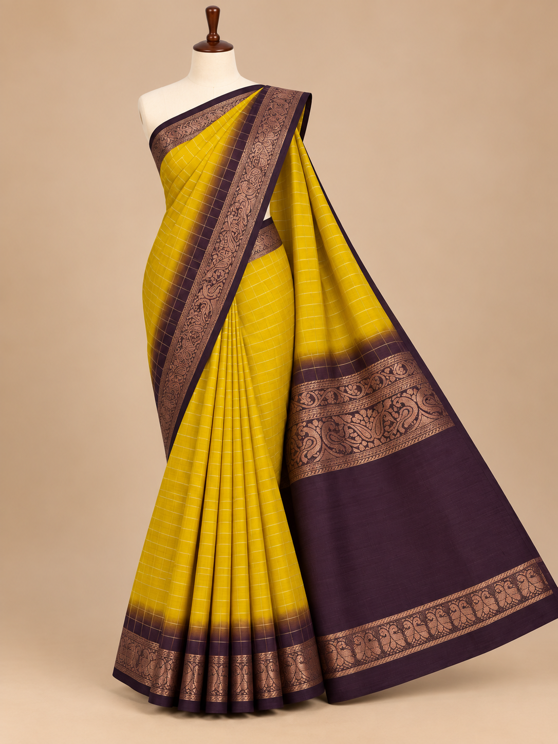 Elegant Yellow Small Checks Fancy Mysore Silk Saree with Tassels - FM047