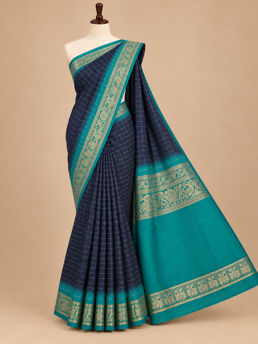 Elegant Navy Blue Small Checks Fancy Mysore Silk Saree with Tassels - FM047