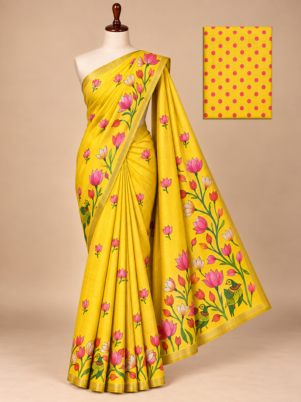 Elite Yellow Floral Blossom Printed Linen Cotton Saree - LC057