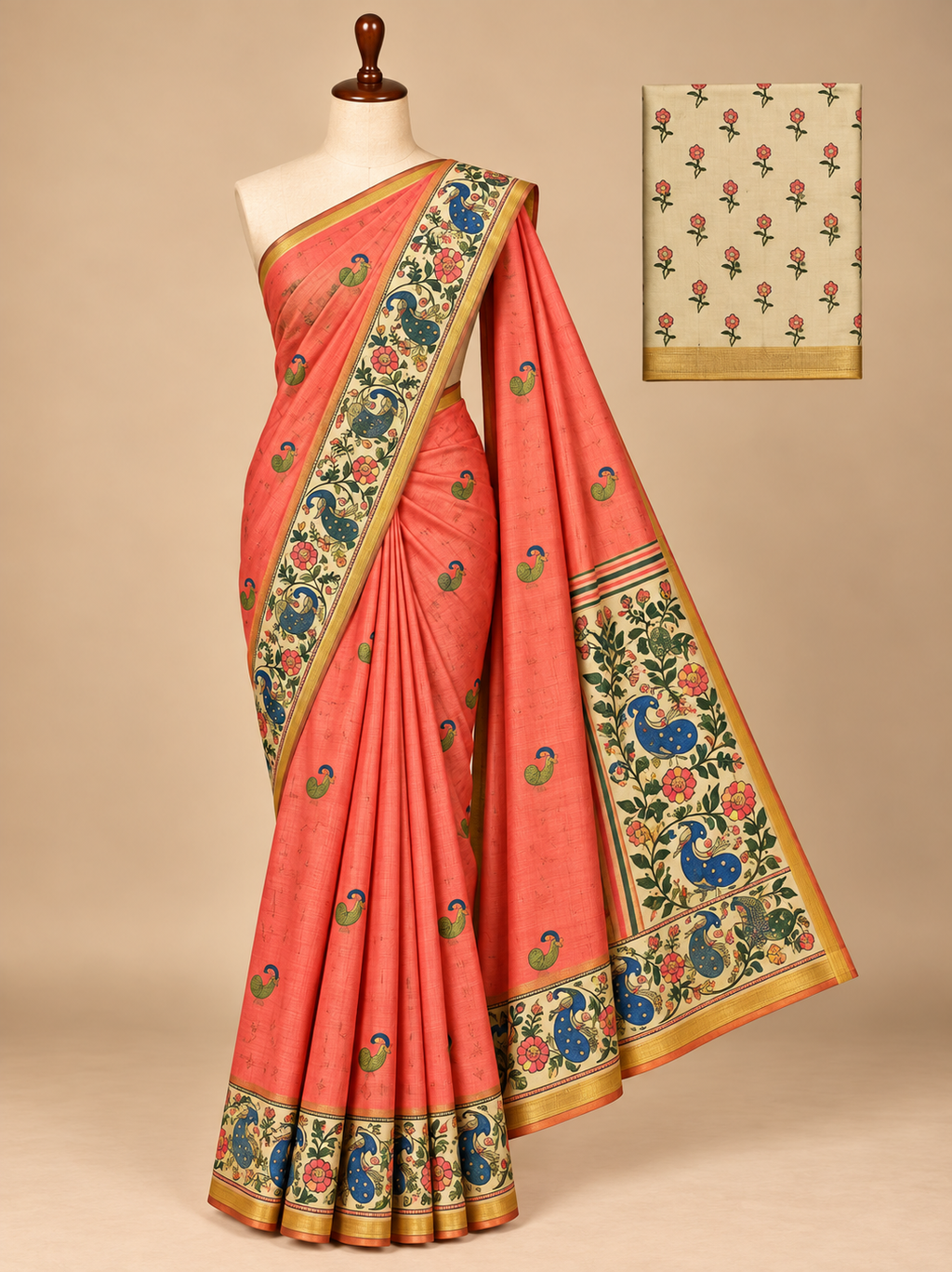 Elite Peach Floral Blossom Printed Linen Cotton Saree - LC057
