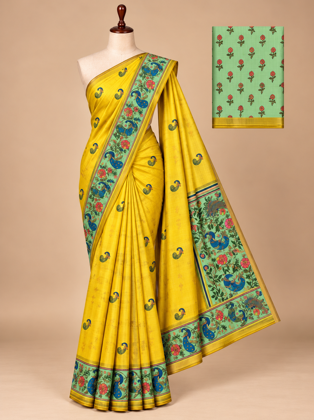 Elite Mustard Yellow Floral Blossom Printed Linen Cotton Saree - LC057