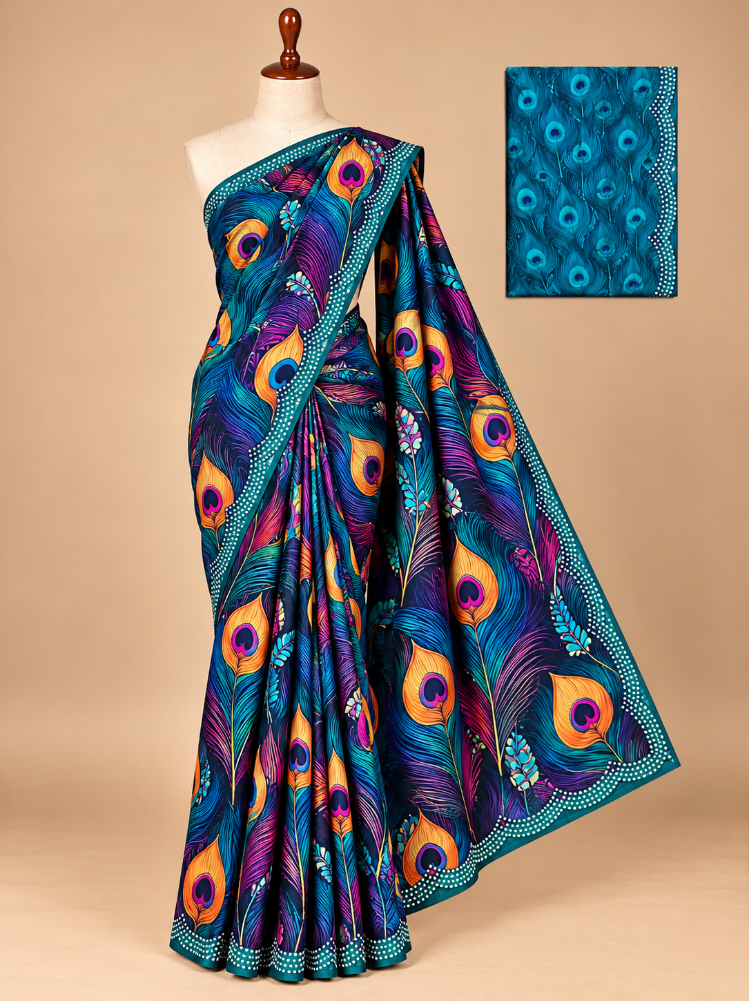 Premium Violet Peacock Feather Fancy Synthetic Saree - PC058