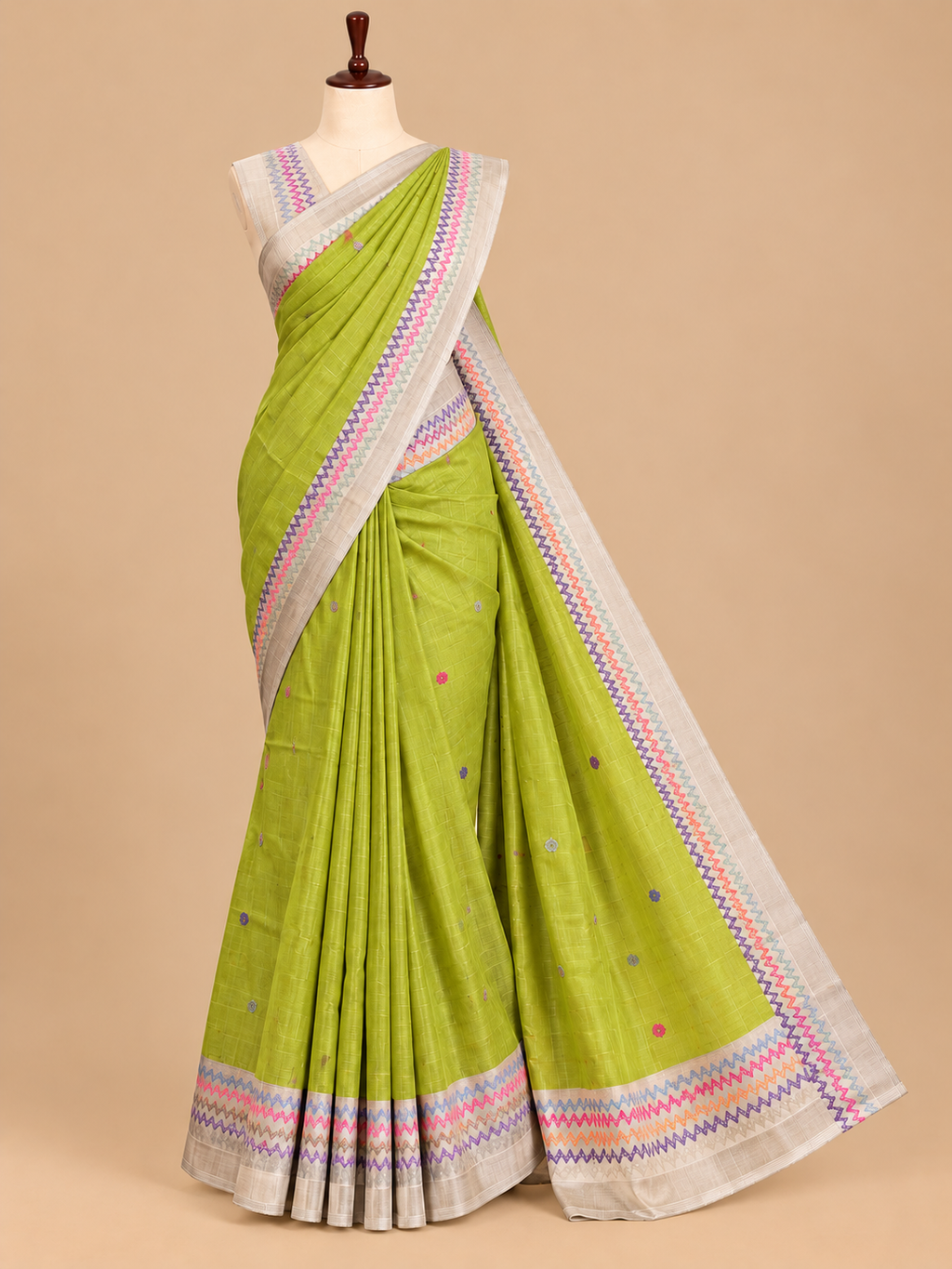 Elegant Parrot Green Semi Tussar Silkworm Saree with Zigzag Border - CB059