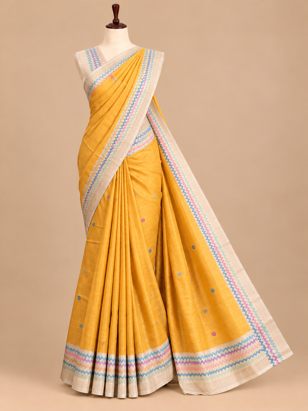 Elegant Mustard Yellow Semi Tussar Silkworm Saree with Zigzag Border - CB059