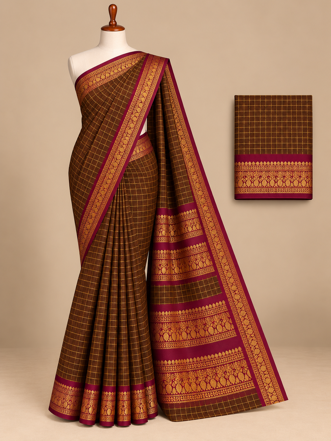 Elegante, schokoladenbraune Mangalagiri-Baumwollsaree mit Karomuster und Zari-Borte - MG043