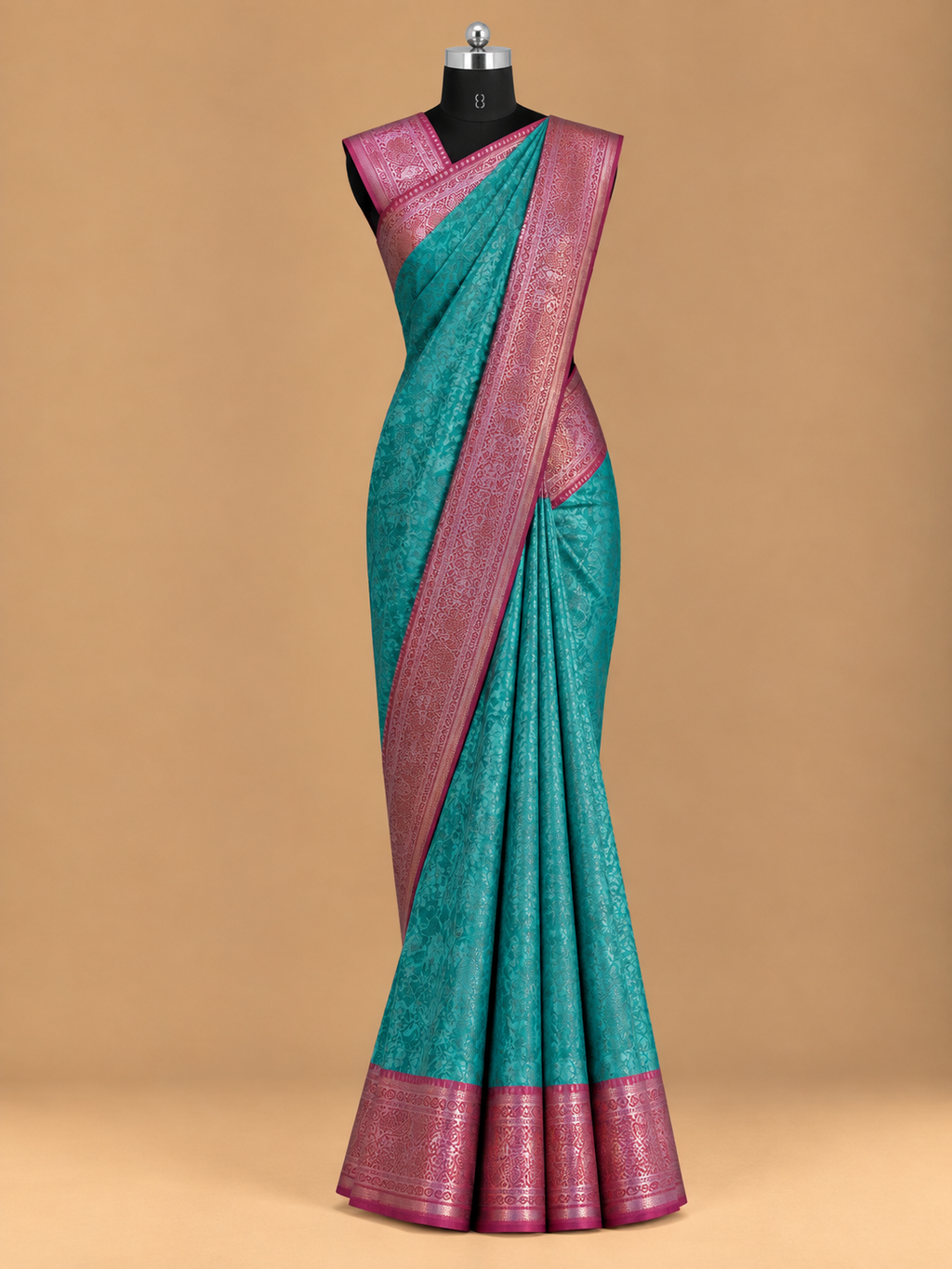 Premium Teal Self-Design Jacquard Art Soft Silk Saree - MS040