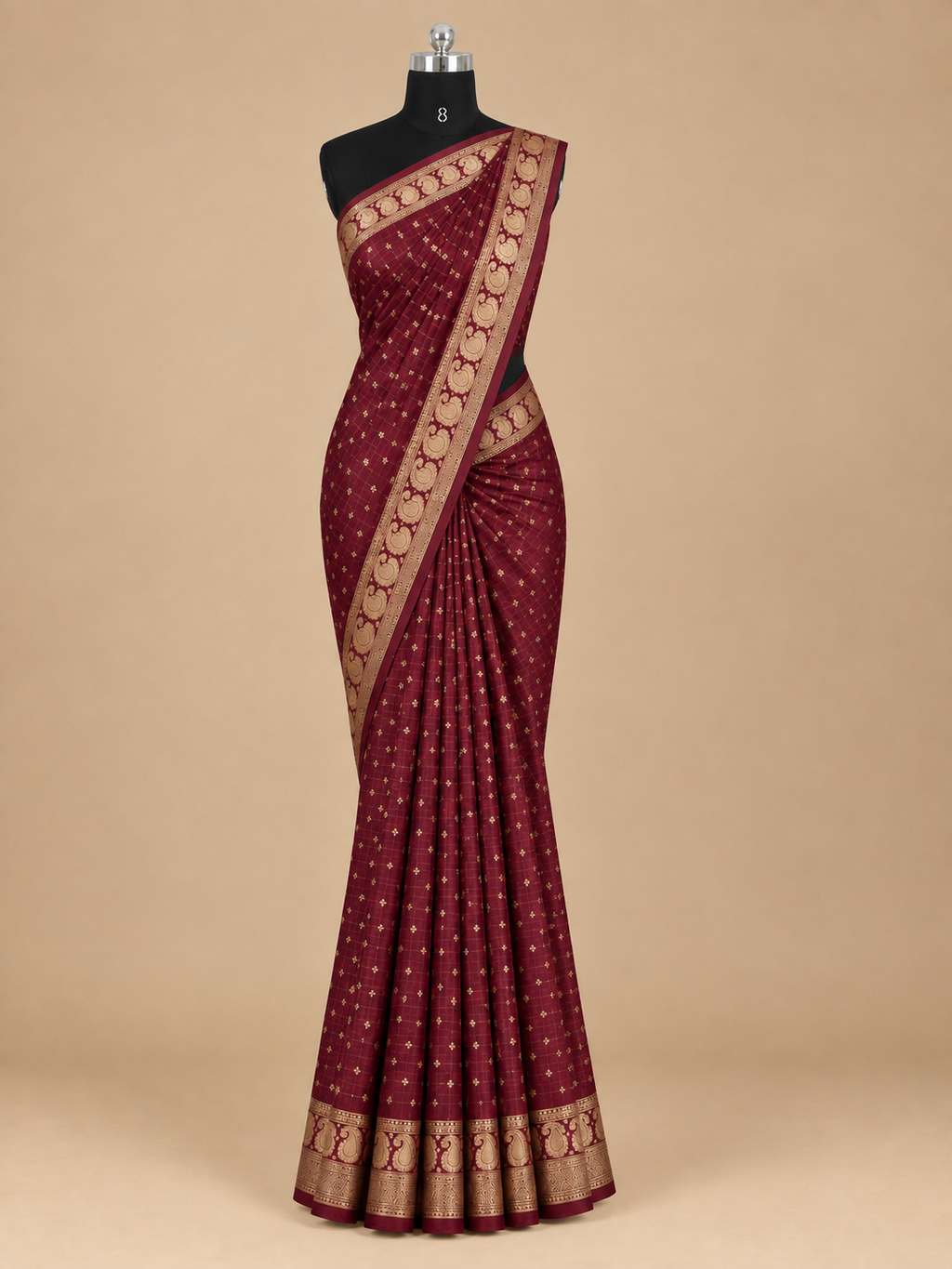 Redolent Deep Maroon Viscose Georgette Small Checks Fancy Saree - MC032