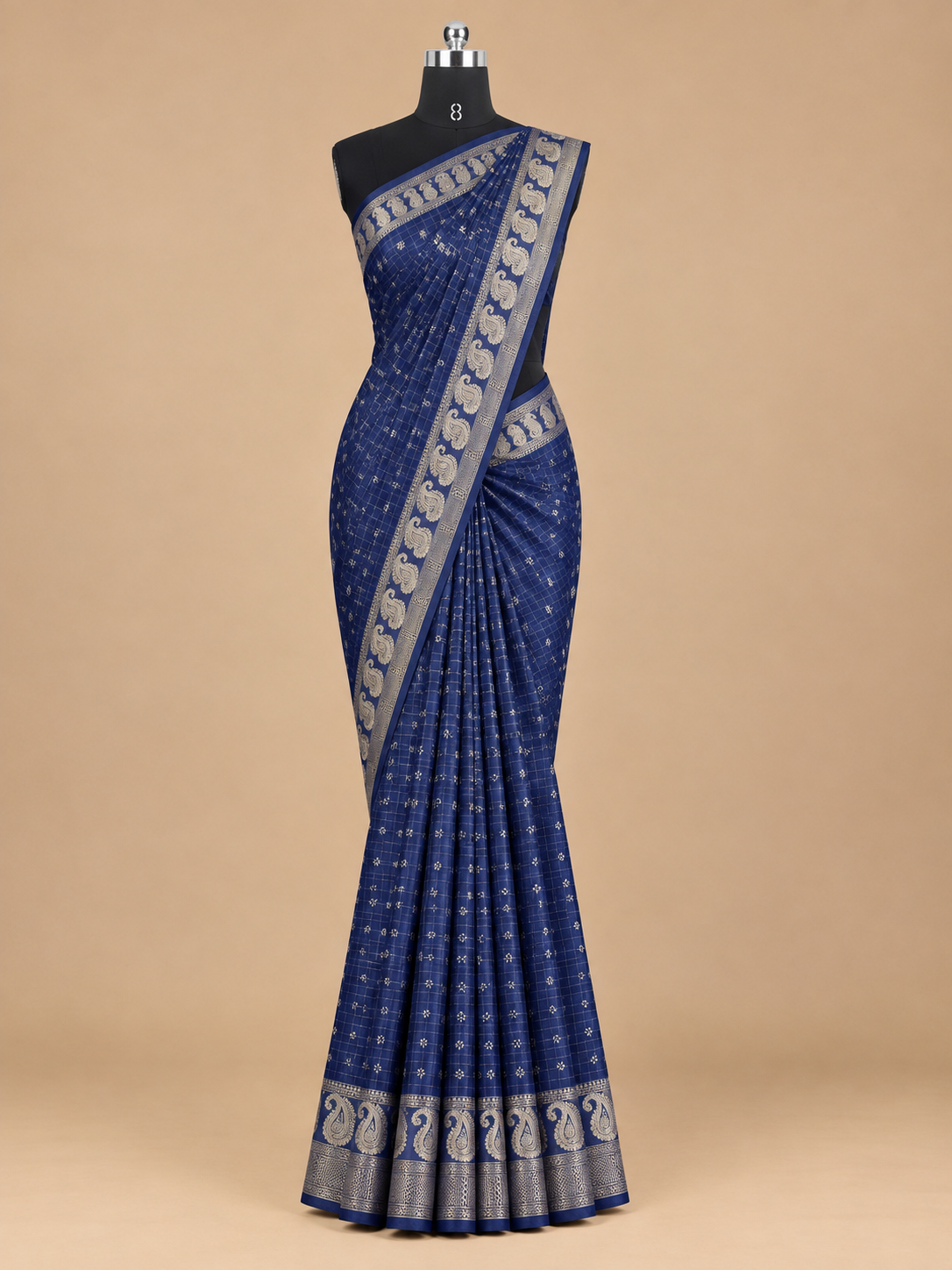 Redolent Navy Blue Viscose Georgette Small Checks Fancy Saree - MC032