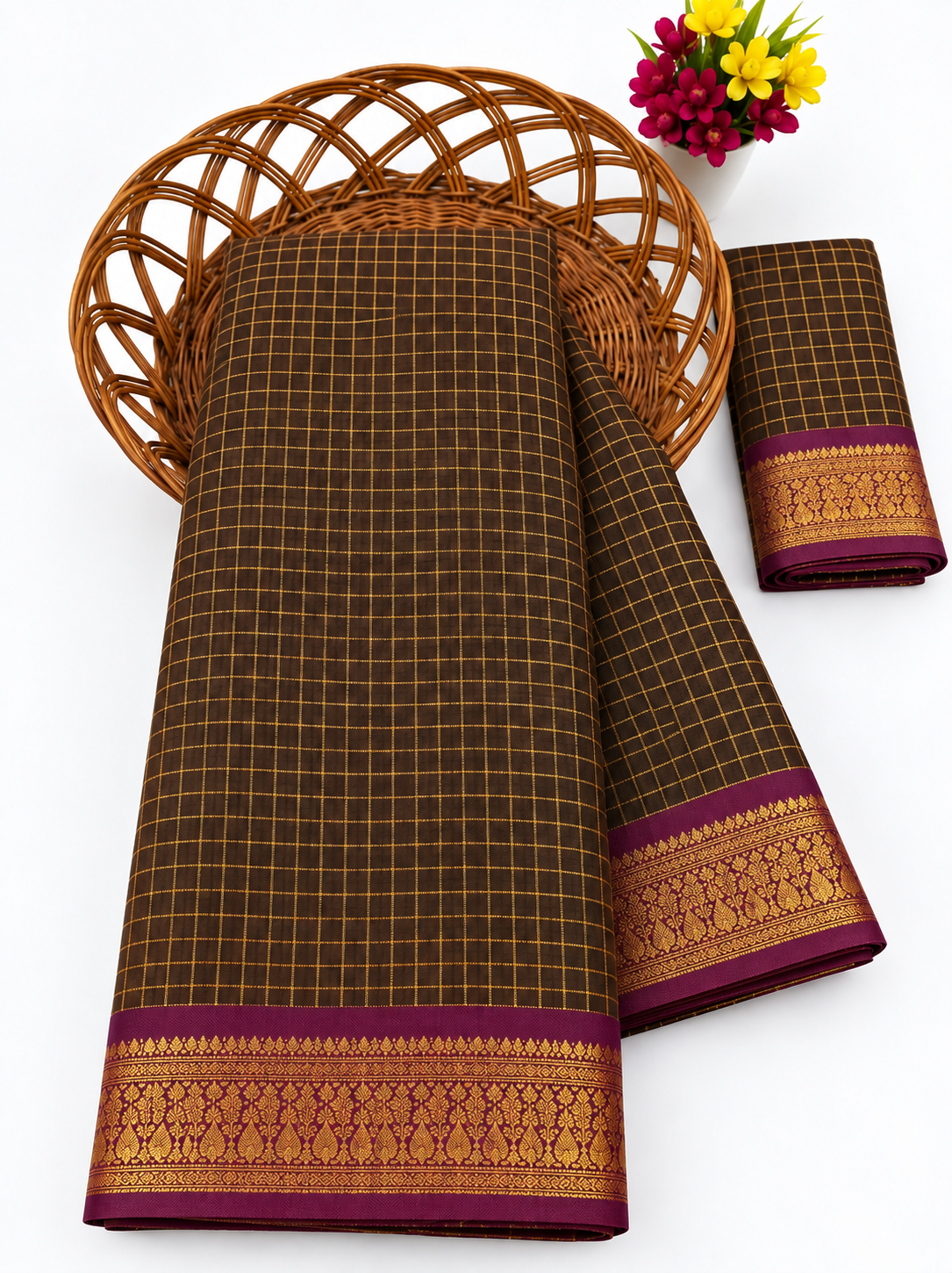 Elegant Chocolate Brown Mangalagiri Checks Cotton Saree with Zari Border - MG043