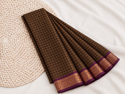 Elegant Chocolate Brown Mangalagiri Checks Cotton Saree with Zari Border - MG043