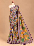 Elegant Orange & Purple Kalamkari Print with Mirror Semi Tussar Silkworm Saree - SG063